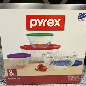 8 pc PYREX Clear SCULPTURED Glass Mixing Bowl Set 4 ~5 Qt.10, 6, 3 Cup 4 Lid NEW